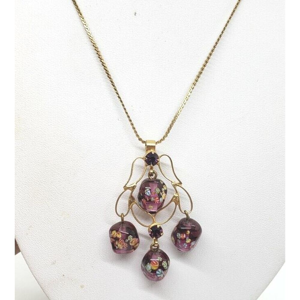 Vintage MCM Japanese Tombo Millefiori Art Glass Bead Necklace 14k Gold Plate